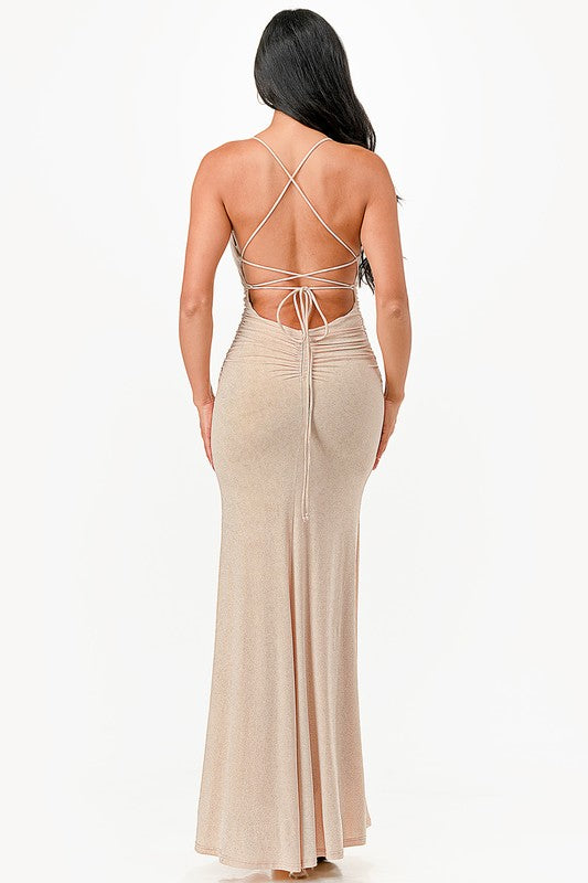 OPEN LACE UP BACK GOWN WITH LONG FRONT SLIT