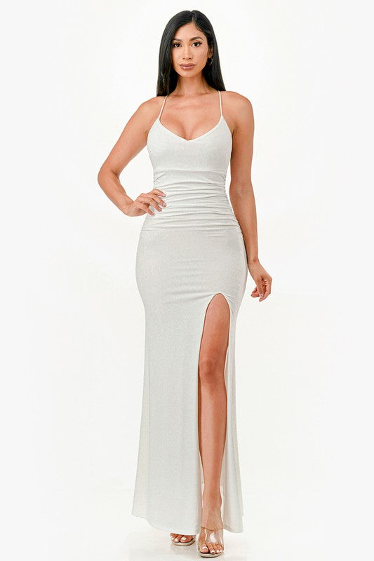 OPEN LACE UP BACK GOWN WITH LONG FRONT SLIT
