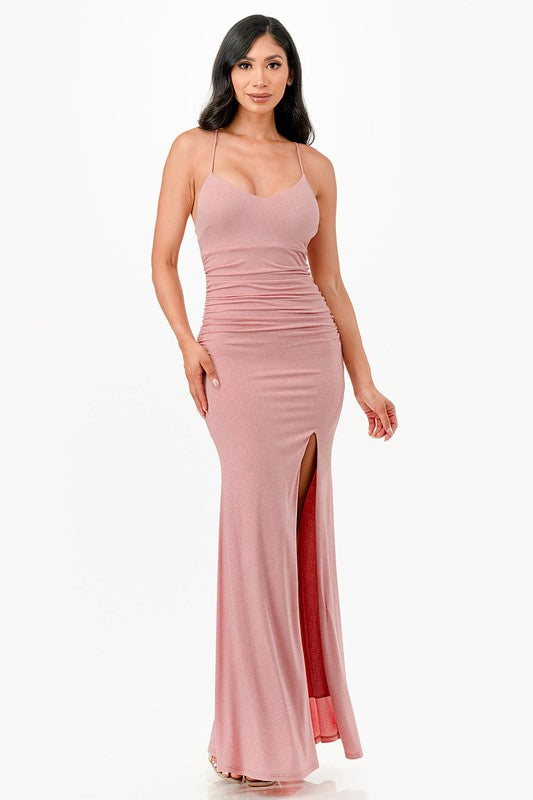 OPEN LACE UP BACK GOWN WITH LONG FRONT SLIT