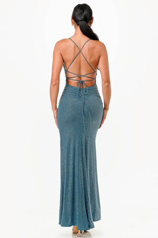 OPEN LACE UP BACK GOWN WITH LONG FRONT SLIT