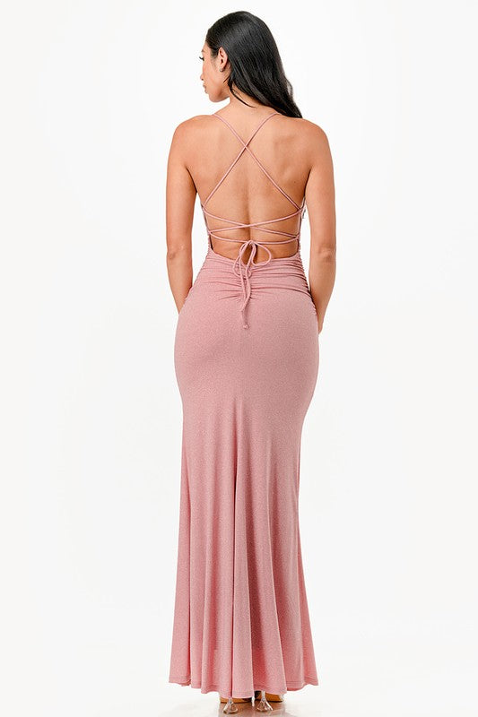 OPEN LACE UP BACK GOWN WITH LONG FRONT SLIT