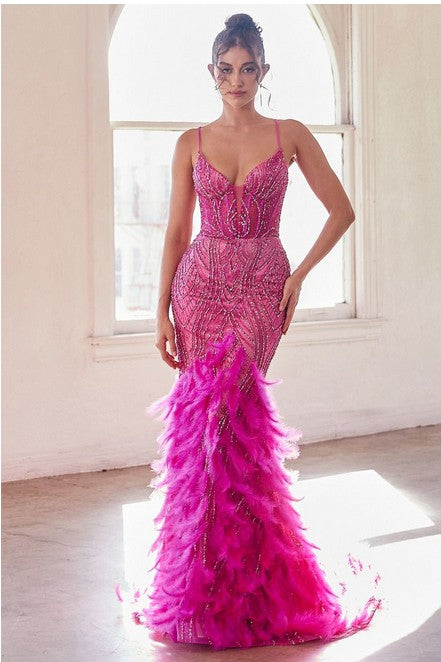 FULLY EMBELLISHED & FEATHERED MERMAID GOWN