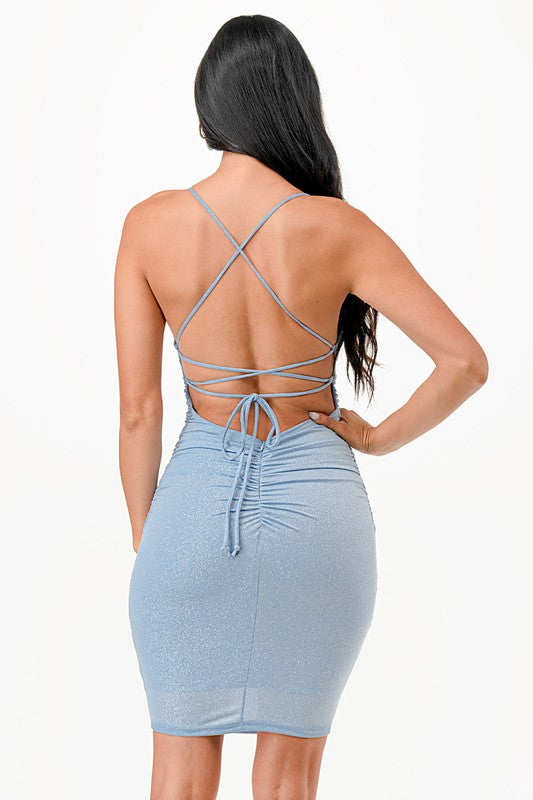 GLITTER LACE UP BACK MINI DRESS