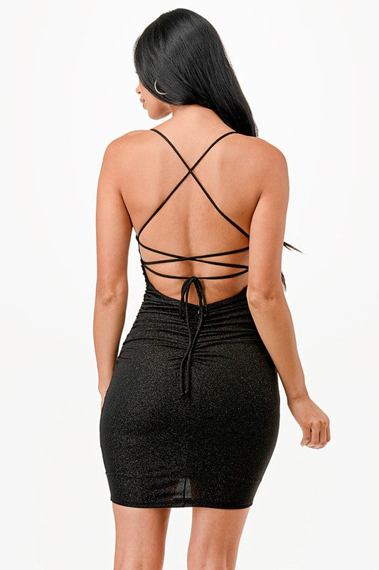 GLITTER LACE UP BACK MINI DRESS