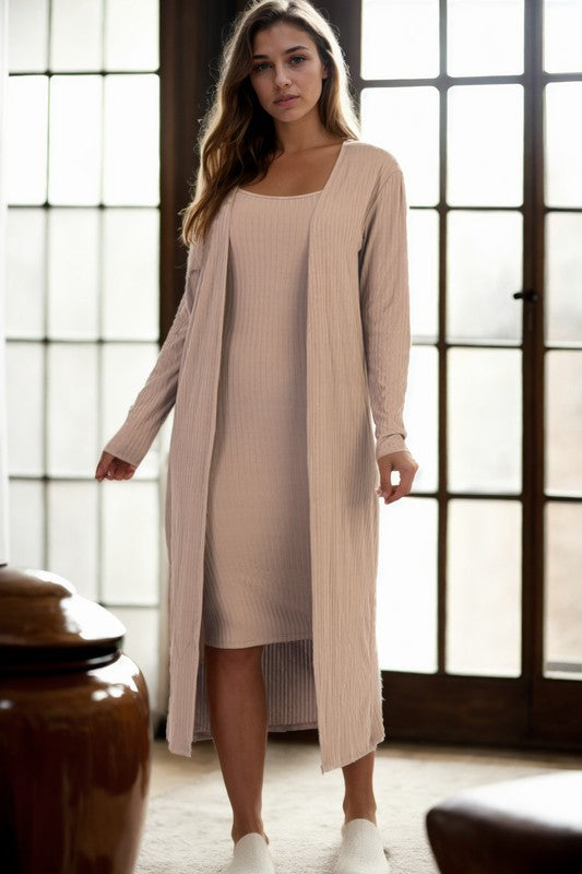 RIBBED CARDIGAN & CAMI MIDI BODYCON DRESS