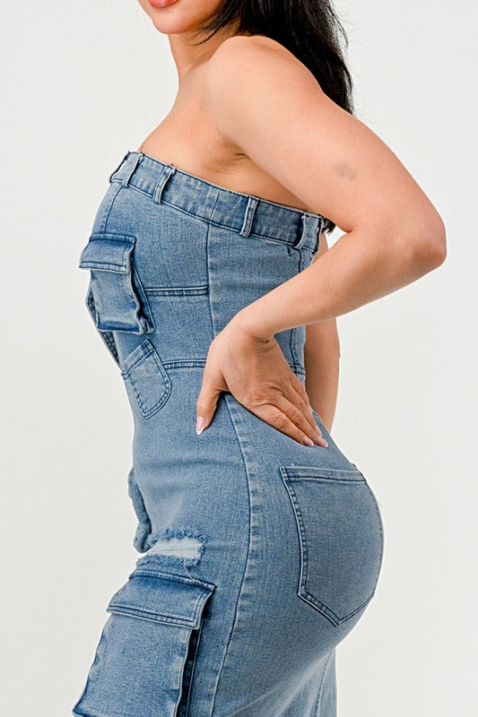 STRAPLESS CARGO DENIM MAXI DRESS