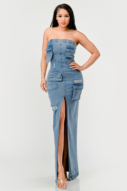 STRAPLESS CARGO DENIM MAXI DRESS