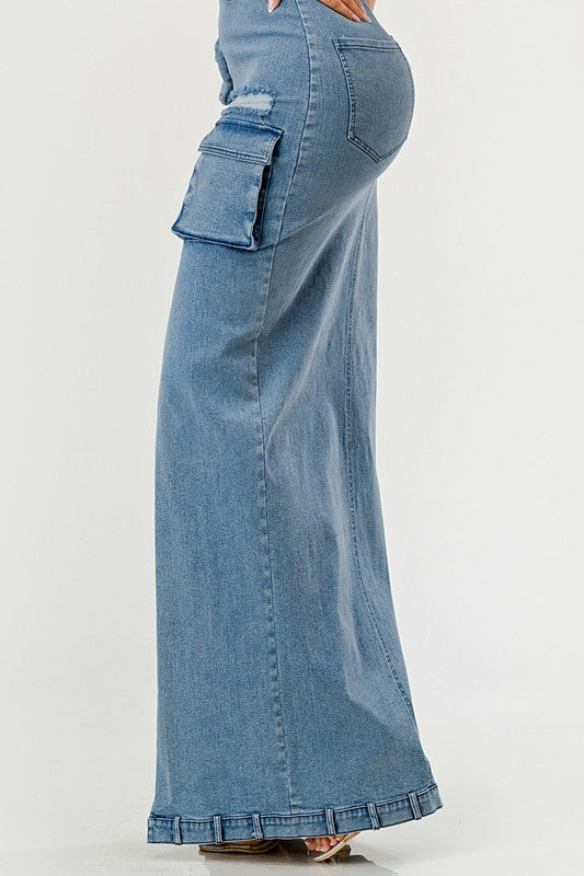 STRAPLESS CARGO DENIM MAXI DRESS