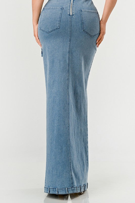 STRAPLESS CARGO DENIM MAXI DRESS
