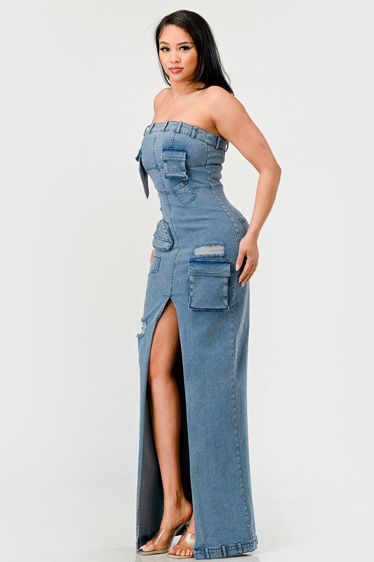 STRAPLESS CARGO DENIM MAXI DRESS