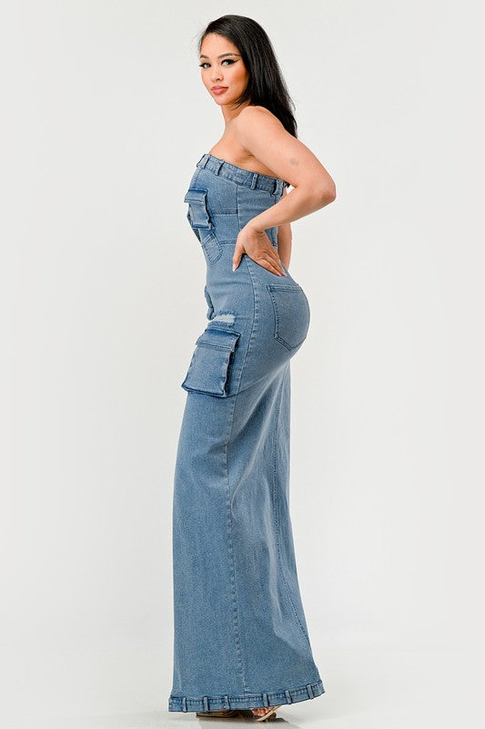STRAPLESS CARGO DENIM MAXI DRESS