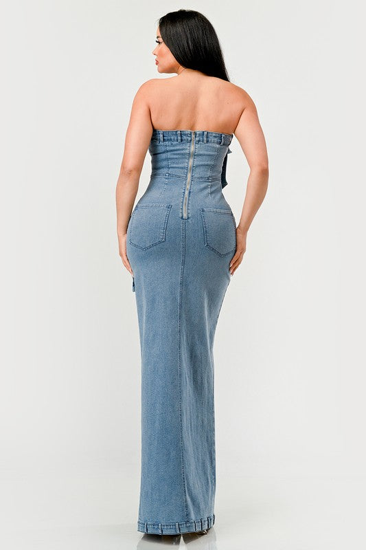 STRAPLESS CARGO DENIM MAXI DRESS