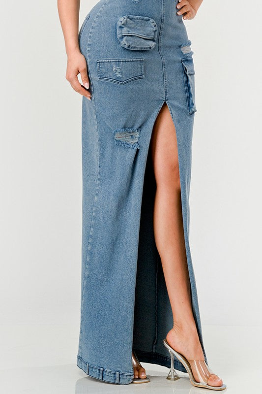 STRAPLESS CARGO DENIM MAXI DRESS