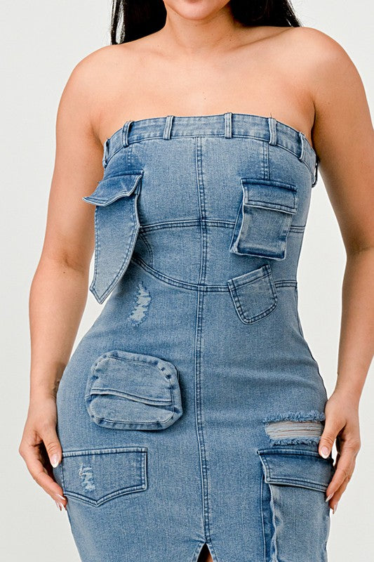 STRAPLESS CARGO DENIM MAXI DRESS