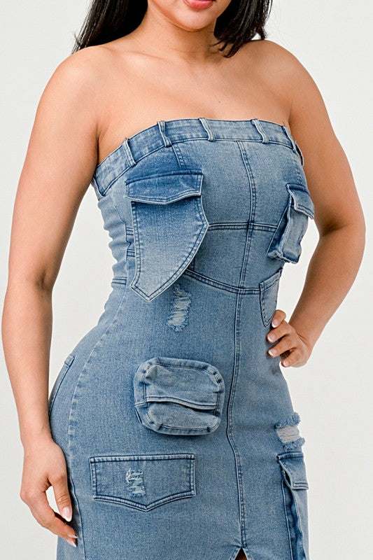 STRAPLESS CARGO DENIM MAXI DRESS