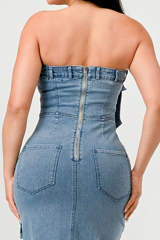 STRAPLESS CARGO DENIM MAXI DRESS