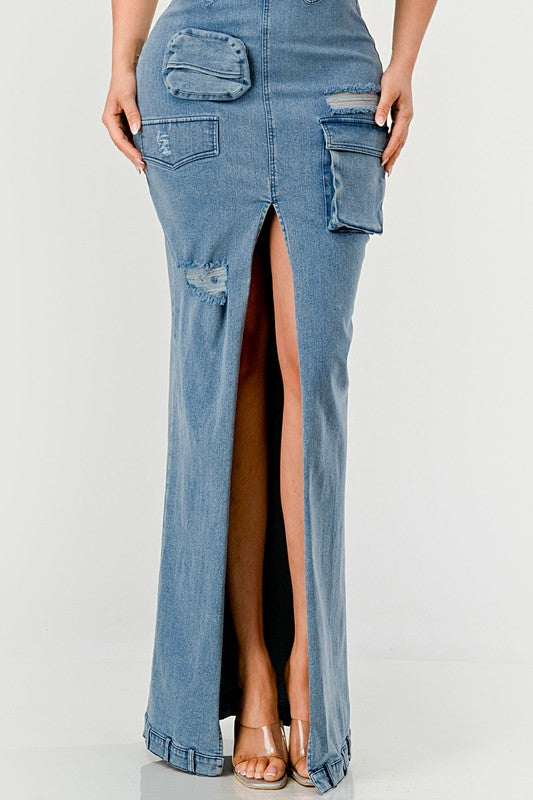STRAPLESS CARGO DENIM MAXI DRESS