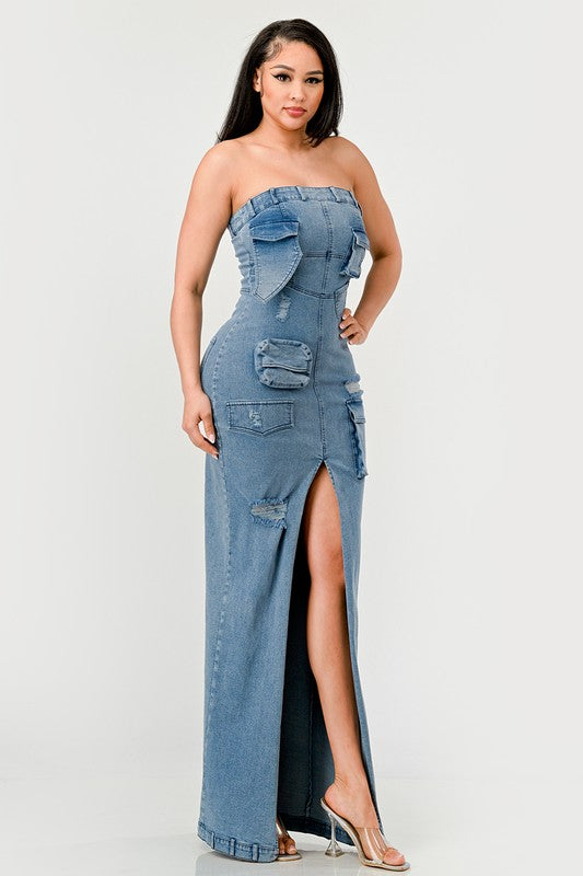 STRAPLESS CARGO DENIM MAXI DRESS