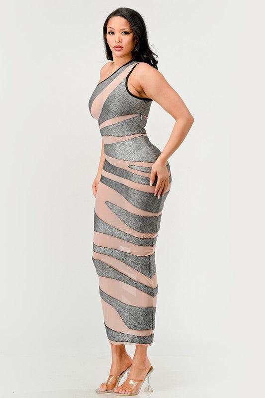 METALLIC BANDAGE MESH INSET DRESS