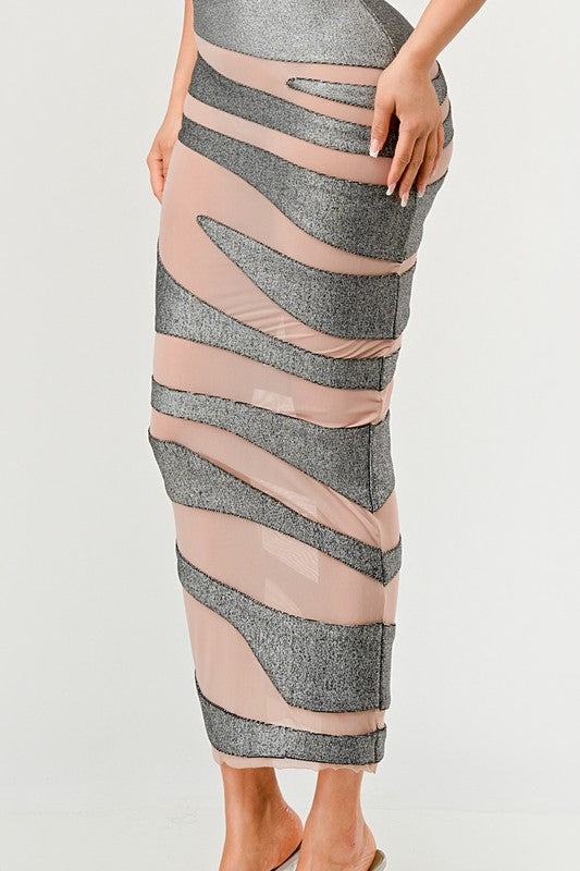 METALLIC BANDAGE MESH INSET DRESS