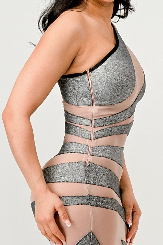 METALLIC BANDAGE MESH INSET DRESS
