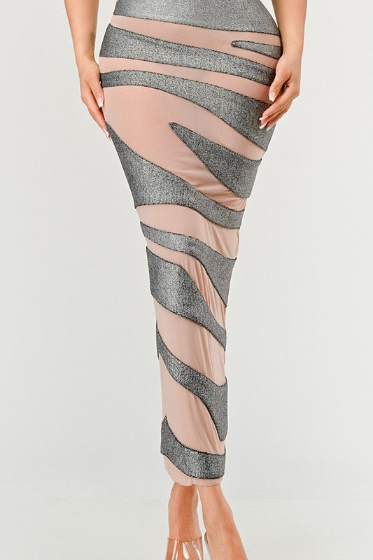 METALLIC BANDAGE MESH INSET DRESS