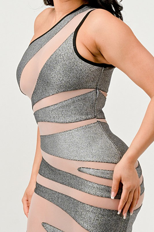 METALLIC BANDAGE MESH INSET DRESS