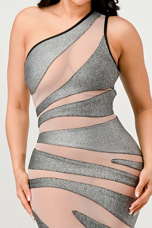 METALLIC BANDAGE MESH INSET DRESS