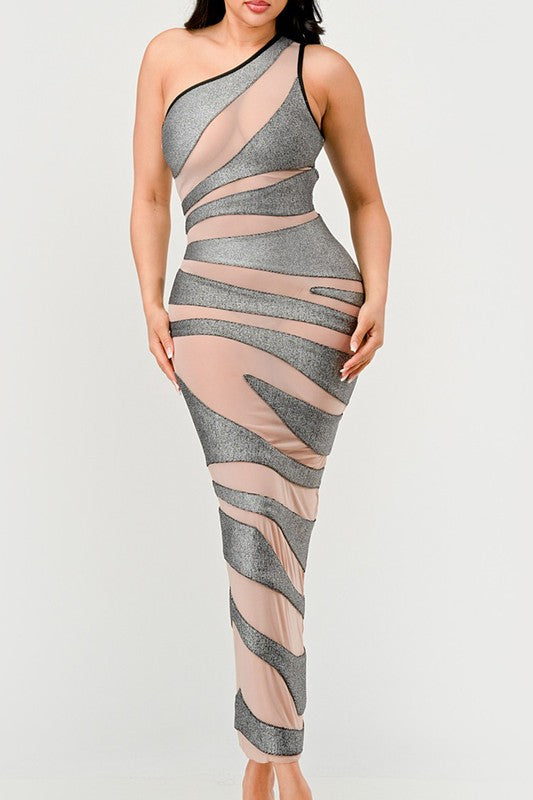 METALLIC BANDAGE MESH INSET DRESS