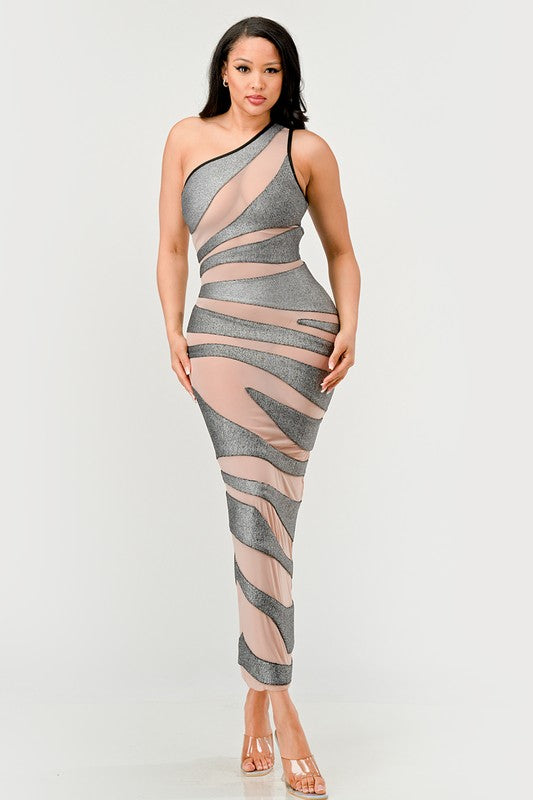 METALLIC BANDAGE MESH INSET DRESS