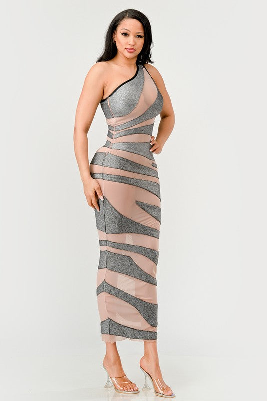 METALLIC BANDAGE MESH INSET DRESS