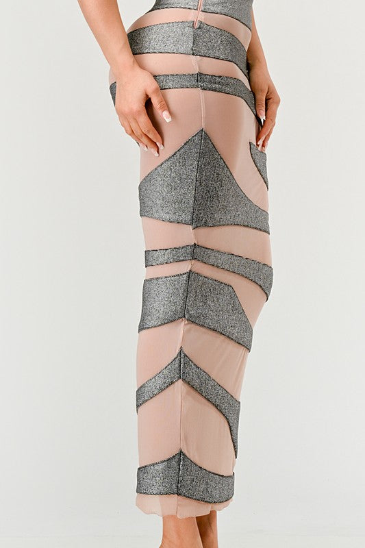 METALLIC BANDAGE MESH INSET DRESS