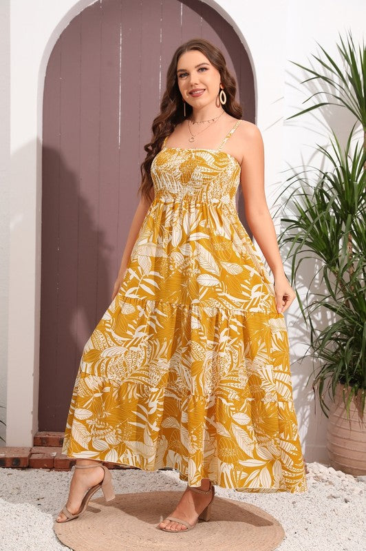 PLUS SIZE SLEEVELESS SMOCKED FIT AND FLARE MAXI DRESS