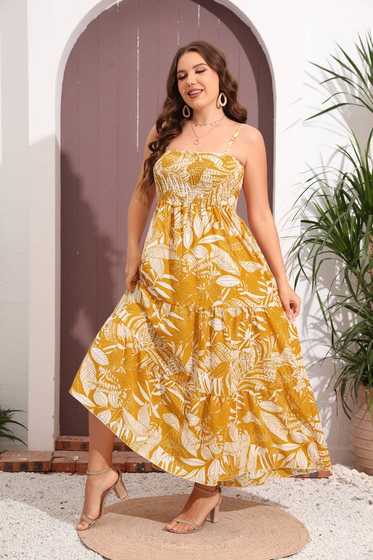 PLUS SIZE SLEEVELESS SMOCKED FIT AND FLARE MAXI DRESS