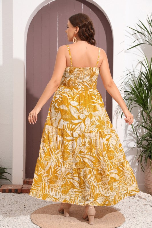 PLUS SIZE SLEEVELESS SMOCKED FIT AND FLARE MAXI DRESS