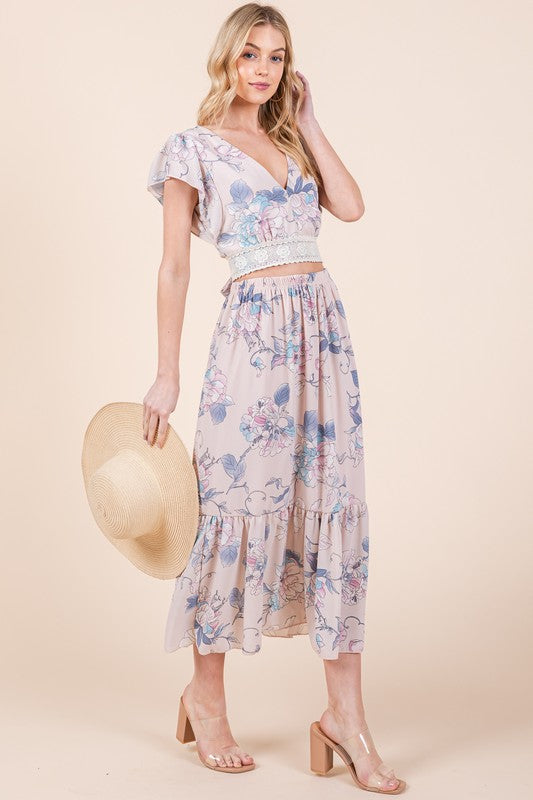FLORAL PRINT SKIRT SET WITH TIE BACK BLOUSE