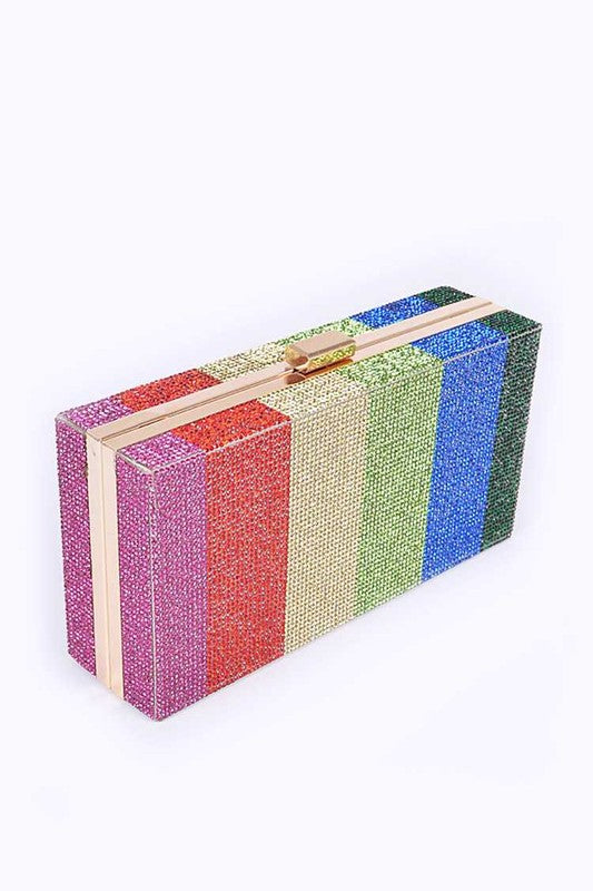 RAINBOW COLOR RHINESTONE PAVE BOX CLUTCH