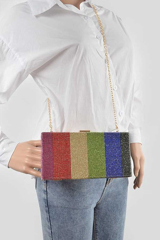 RAINBOW COLOR RHINESTONE PAVE BOX CLUTCH