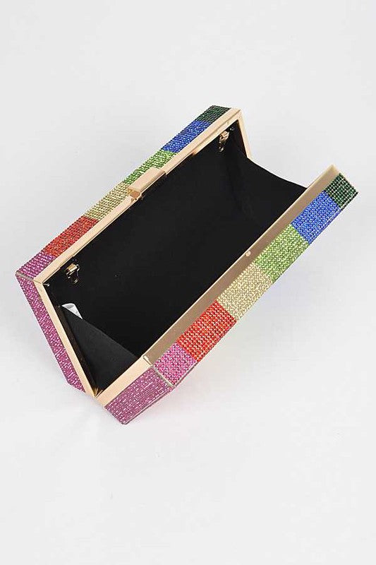 RAINBOW COLOR RHINESTONE PAVE BOX CLUTCH