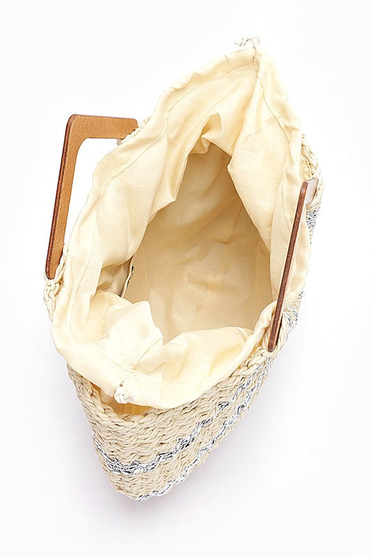 WOODEN HANDLE METALLIC STRAW BASKET TOTE