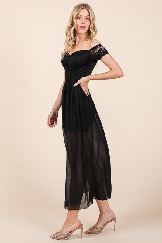 LACE OFF THE SHOULDER CHIFFON DRESS