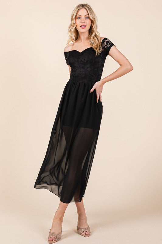 LACE OFF THE SHOULDER CHIFFON DRESS