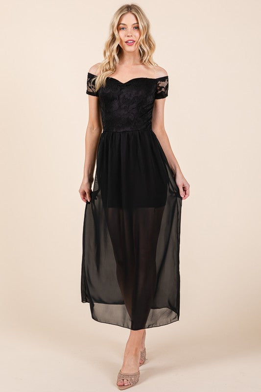 LACE OFF THE SHOULDER CHIFFON DRESS