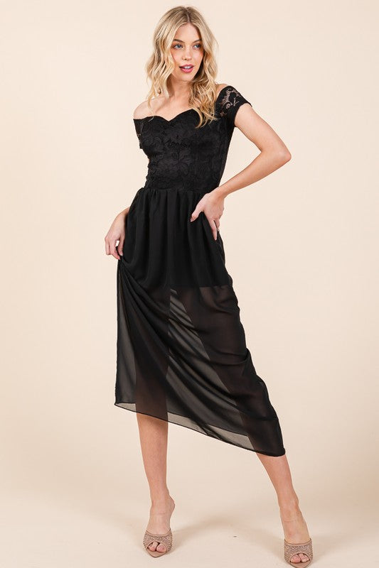 LACE OFF THE SHOULDER CHIFFON DRESS