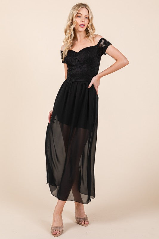 LACE OFF THE SHOULDER CHIFFON DRESS