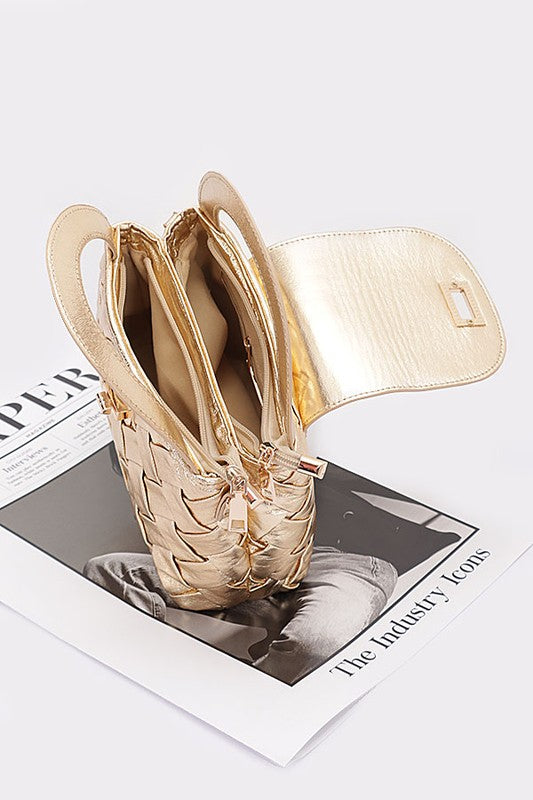 WEAVED METALLIC FAUX LEATHER TOP HANDLE BAG