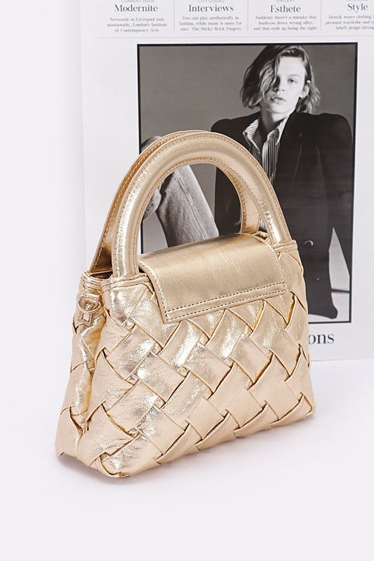 WEAVED METALLIC FAUX LEATHER TOP HANDLE BAG
