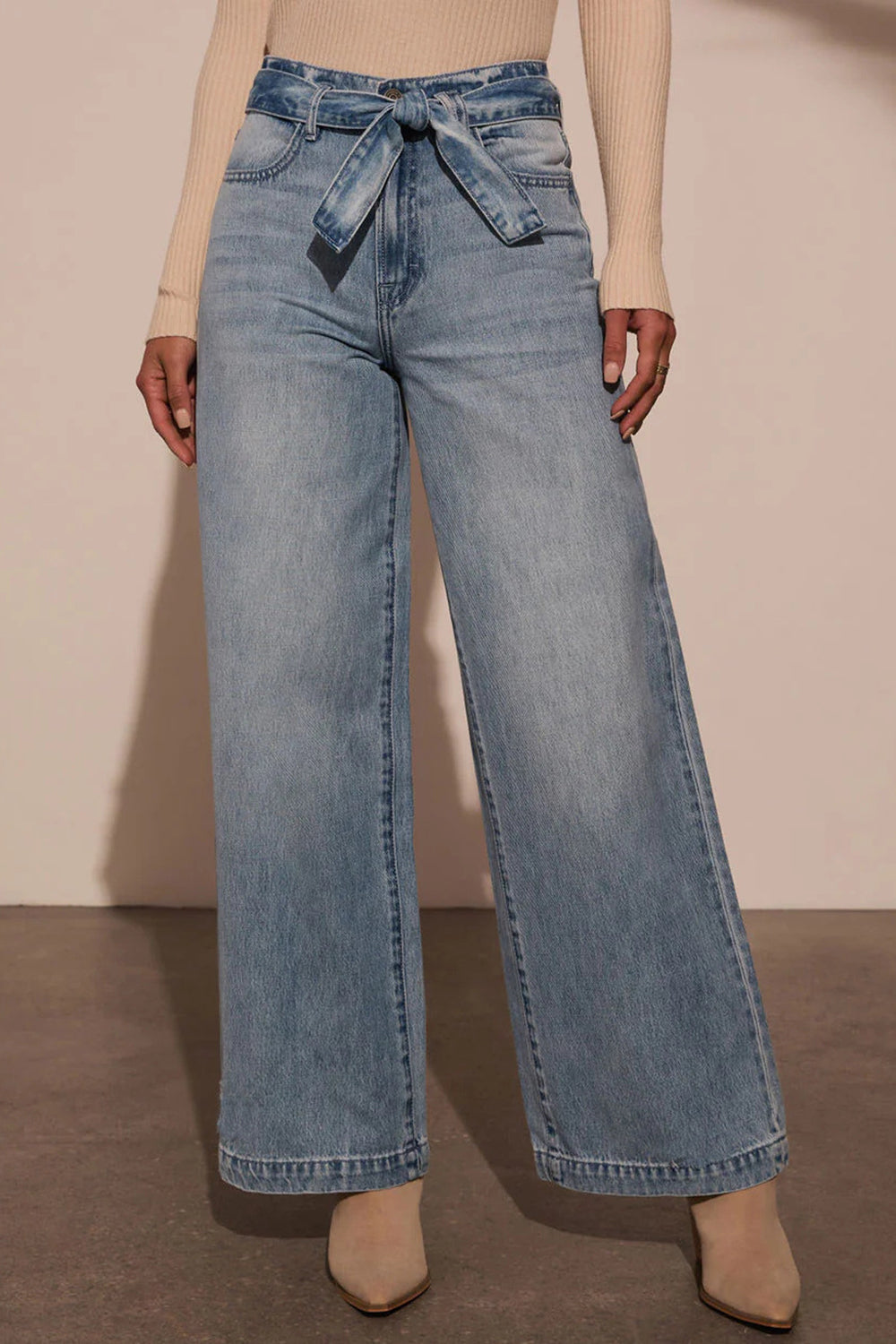 TIED AT WAIST WIDE LEG JEANS WITH POCKETS