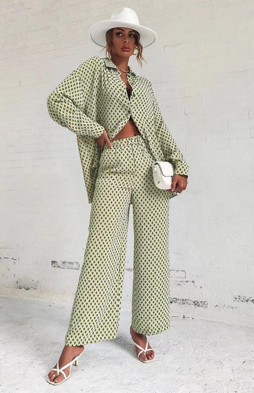 LONG SLEEVE BUTTON DOWN SHIRT AND WIDE LEG PANT SET
