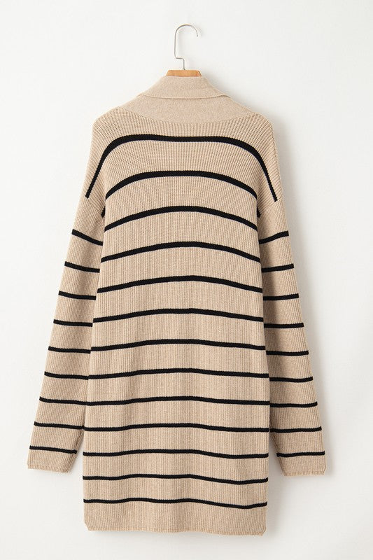 STRIPED SIDE POCKETS OPEN FRONT CARDIGAN